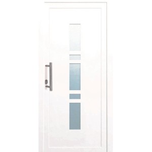 Weiße Kunststoff-Haustür mit Edelstahlgriff und Milchglaseinsätzen.