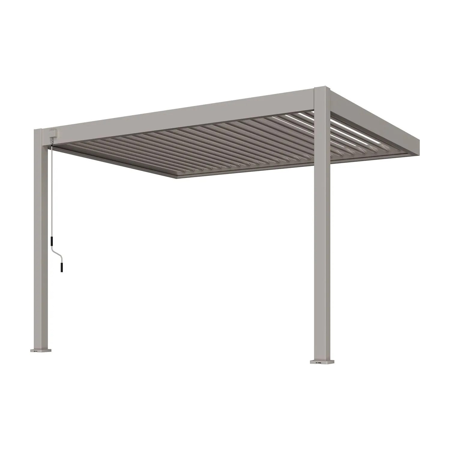 Sandfarbene Weide Deluxe Wand Pergola aus Aluminium mit verstellbarem Lamellendach und Kurbel für Sonnenschutz.