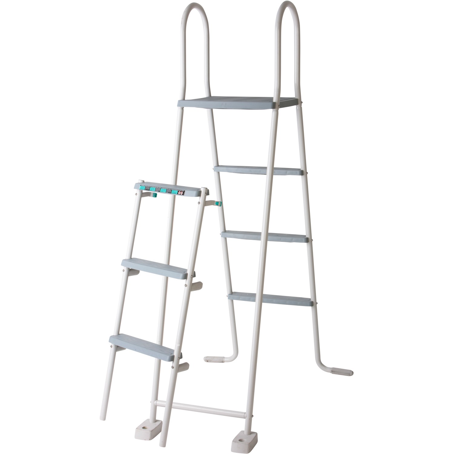 Weiße Poolleiter für Gre Stahlwand-Pool Fidji, 134 cm hoch, mit 2x3 Stufen und Plattform.