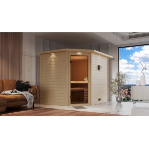 Karibu Sauna Tilda mit Ofen und LED-Dachkranz aus naturbelassener Fichte.