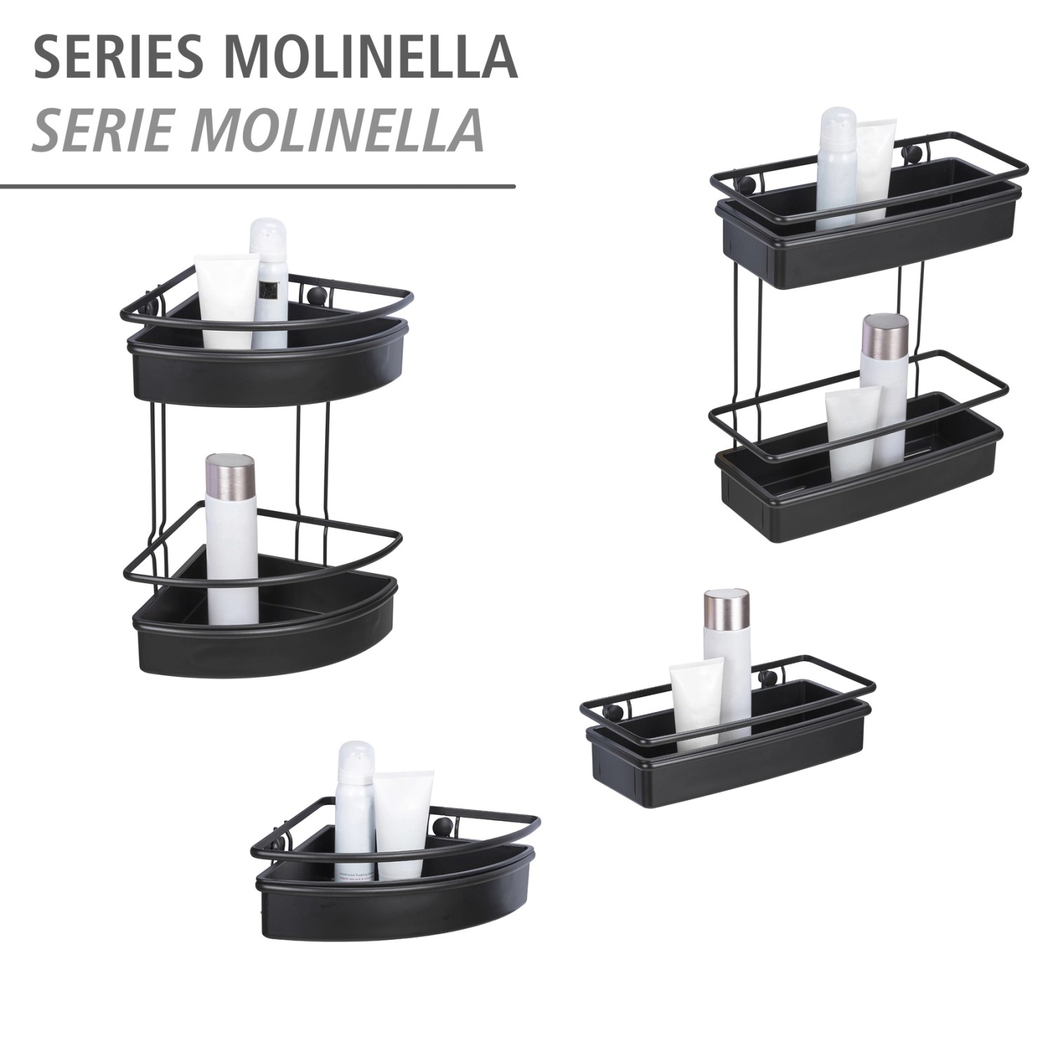 WENKO Wandablage Molinella Schwarz, verschiedene Ansichten der Badablage aus Draht.