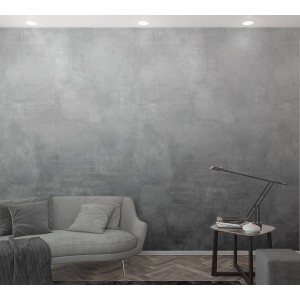 Graue Marburg Vliestapete in Streichoptik an Wohnzimmerwand, 270x159cm.