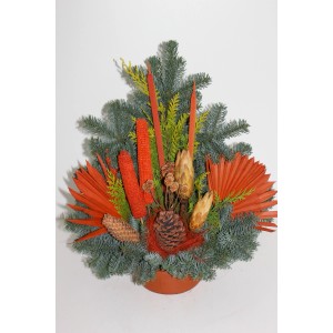 Orange Grabschale Nobilis, ca. 18 cm, mit Tanne, Koniferen und Deko-Elementen für Gedenktage.
