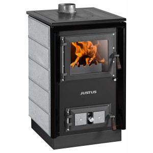 Justus Küchenofen Rustico 50 mit Speckstein, schwarz-grau, 7 kW. Küchenherd mit Kochplatte und Feuer.