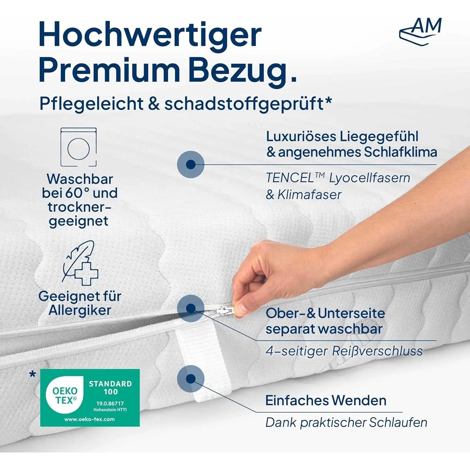 AM Matratzenbezug mit Reißverschluss, waschbar bei 60°, für Allergiker, Tencel Lyocell, Oeko-Tex Standard.