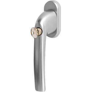 Abschließbarer Fenstergriff, Dreh-Kipp-Funktion, Aluminium, silberfarben, mit Schlüssel.