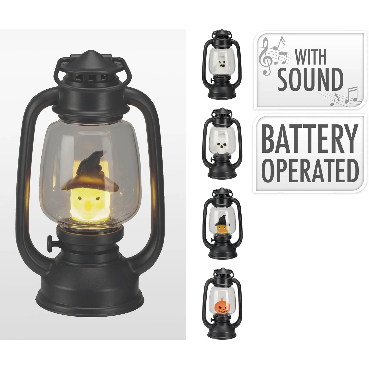 Schwarze Halloween-Laterne mit LED-Licht, Sound. 4 Designs: Gespenst, Totenkopf, Kürbis, Hexe. Batteriebetrieben.