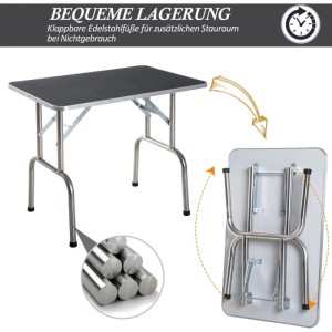 PawHut Trimmtisch klappbar, schwarz mit Edelstahlbeinen, aufgebaut und gefaltet für platzsparende Lagerung.