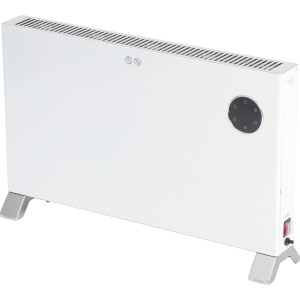 Weiße Konvektorheizung Grimstad 2000 W mit silbernen Füßen und schwarzem Bedienfeld.