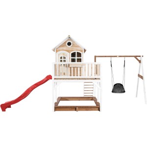 Axi Liam Spielhaus mit Nestschaukel und roter Rutsche, Holz braun-weiß. Spielturm mit Sandkasten.