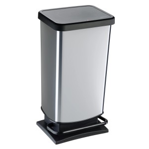 Rotho Treteimer Paso 40L in Silber Metallic mit Pedal und schwarzem Deckel.