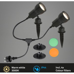 Briloner LED-Gartenstrahler mit Erdspieß, inklusive Farbfiltern für stimmungsvolle Gartenbeleuchtung.