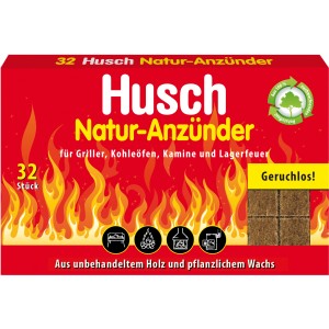 Husch Natur Anzünder, 32 Stück, für Grill, Kamin & Lagerfeuer. Geruchlose, natürliche Brennstoffanzünder.