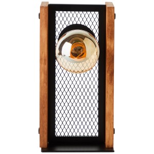 Schwarze Brilliant Tischleuchte Calandra mit Holzrahmen und sichtbarem Leuchtmittel.