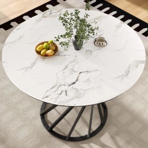 Runder Esstisch mit weißer Marmoroptik-Platte und schwarzem Metallgestell. Ideal für Esszimmer & Wohnzimmer.