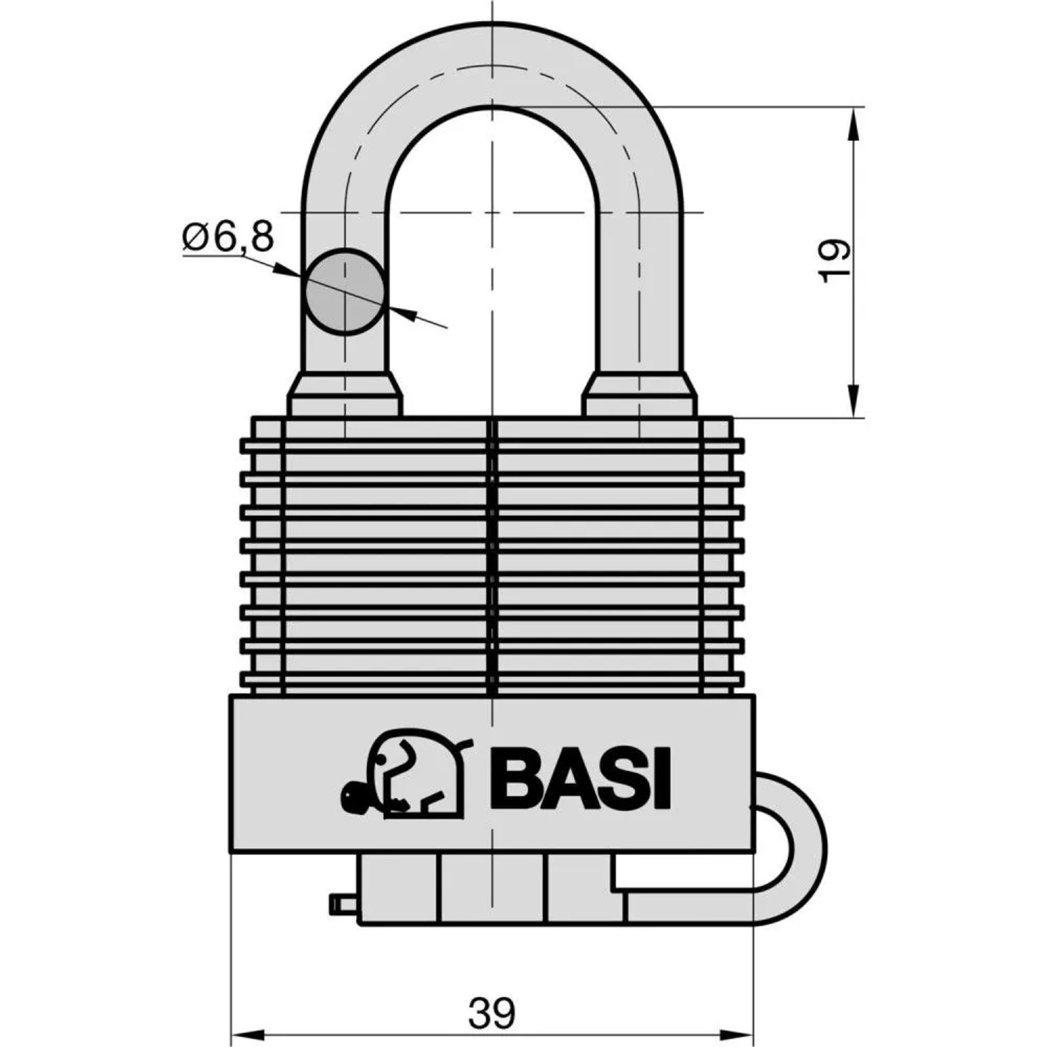 Technische Zeichnung Basi Vorhangschloss VHS 615W, 39 mm breit, mit Maßen für Bügelhöhe 19 mm und Stärke 6,8 mm.