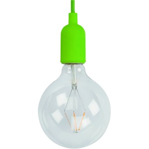 Grünes Lampen-Textilkabel mit Fassung und klarer Glühbirne für Retro-Look.