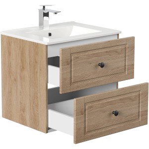 Posseik Waschbeckenunterschrank Cottage Eiche hell, 62 cm breit, mit zwei offenen Schubladen.