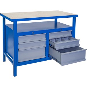 Güde Werkbank P 1200 SS in Grau-Blau mit Schubladen und Spanplatte. Stabile Werkbank für die Werkstatt.