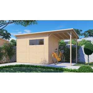 Bertilo Gerätehaus Pent Modern, 306x202 cm, Naturholz mit Anbau, ideal für Gartengeräte.