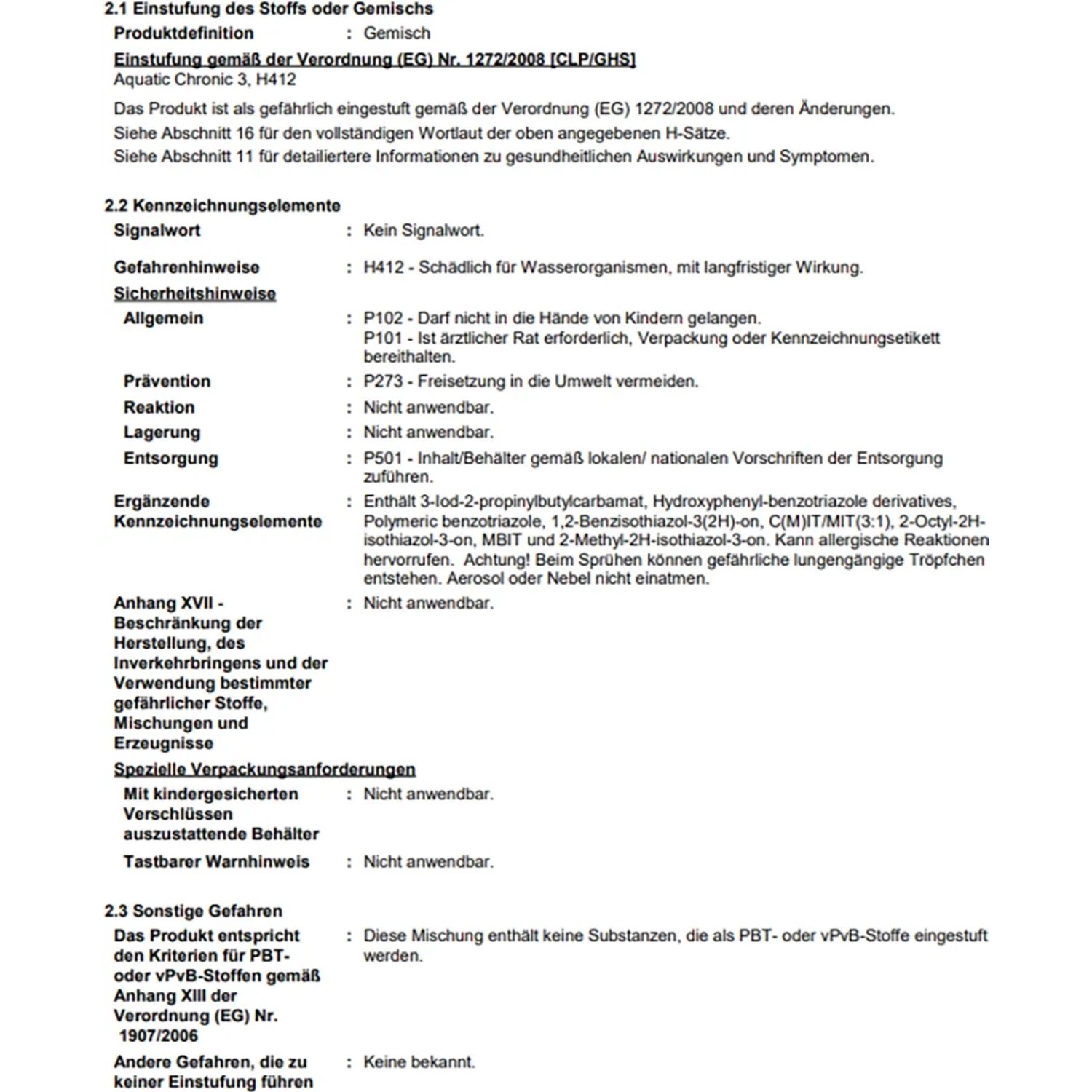 Sicherheitsdatenblatt-Ausschnitt mit Gefahrenhinweisen und Sicherheitsvorkehrungen.