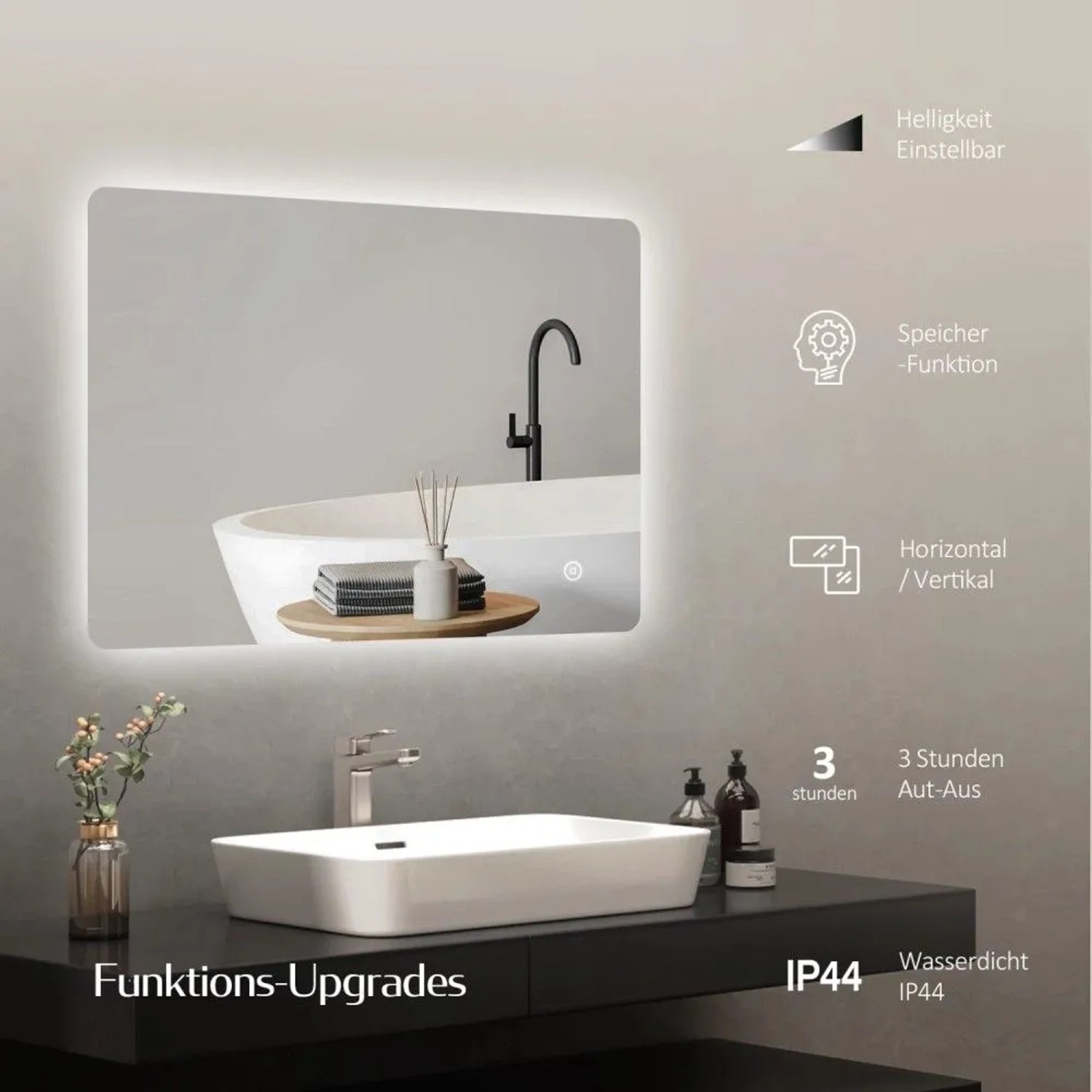 Emke LED-Badspiegel 80x60cm mit beleuchtetem Rand, Touchschalter, 3 Lichtfarben und dimmbarer Helligkeit. IP44 für Bäder.