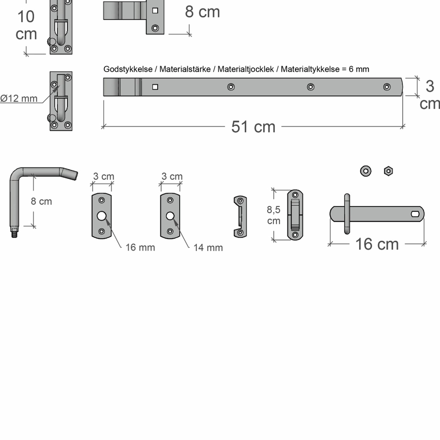 Detailzeichnung Torbeschlag-Set für Gartentore, Maße und Einzelteile dargestellt.