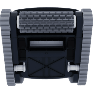 Unterseite des myPOOL Poolroboter Go X in Dunkelblau mit grauen Raupen und Reinigungsbürste für effiziente Poolreinigung.