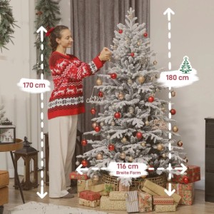 Beflockter HOMCOM Weihnachtsbaum, 180 cm hoch, 116 cm breit, mit roten und goldenen Kugeln dekoriert. Weihnachtsdekoration.