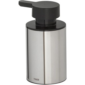 Freistehender Tiger Seifenspender Colar aus poliertem Edelstahl mit schwarzem Spenderkopf.