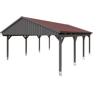 Skan Holz Doppelcarport Fichtelberg, schiefergrau mit roten Schindeln, Ansicht von vorn.