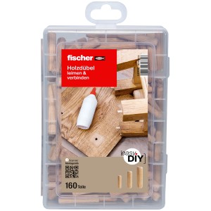 Fischer EasyDIY Box mit 160 Holzdübeln in Kunststoffbox mit transparentem Deckel.