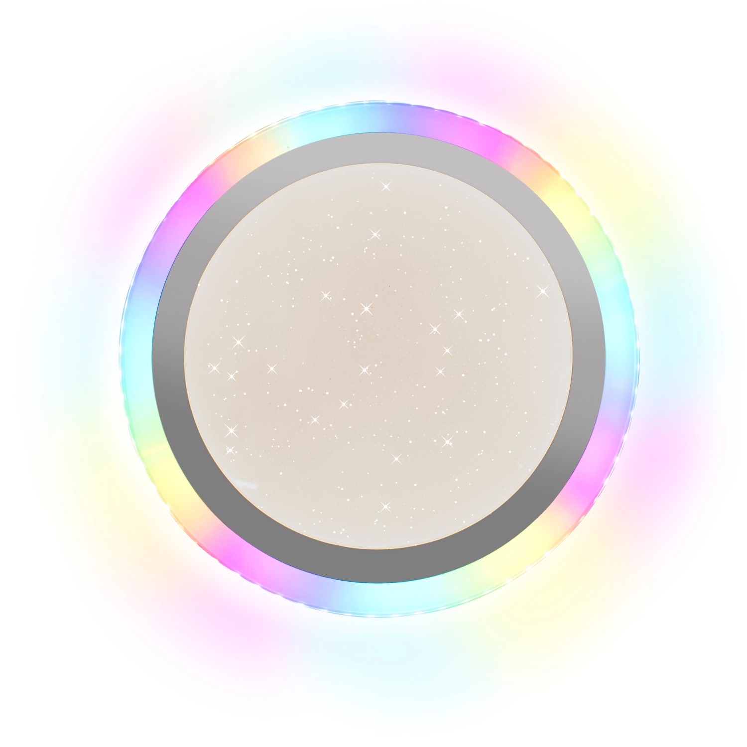 LED-Deckenleuchte Cyba Silber mit RGB-Rainbow-Effekt und Sternenhimmel-Optik, Ø 45 cm.