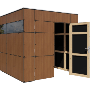 Bertilo Gartenhaus HPL Italian Walnut, 231x229cm, mit offenstehender Tür und Fensterband.