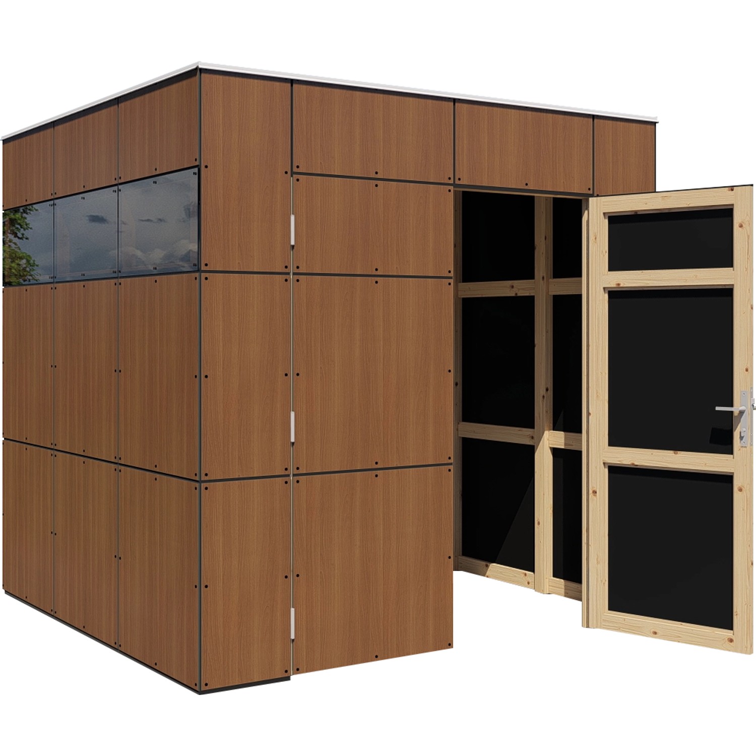 Bertilo Gartenhaus HPL Italian Walnut, 231x229cm, mit offenstehender Tür und Fensterband.