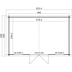 Grundriss Lasita Holz-Gartenhaus Udo 300, Gletschergrün, 522,4x320 cm, Maße und Türposition.