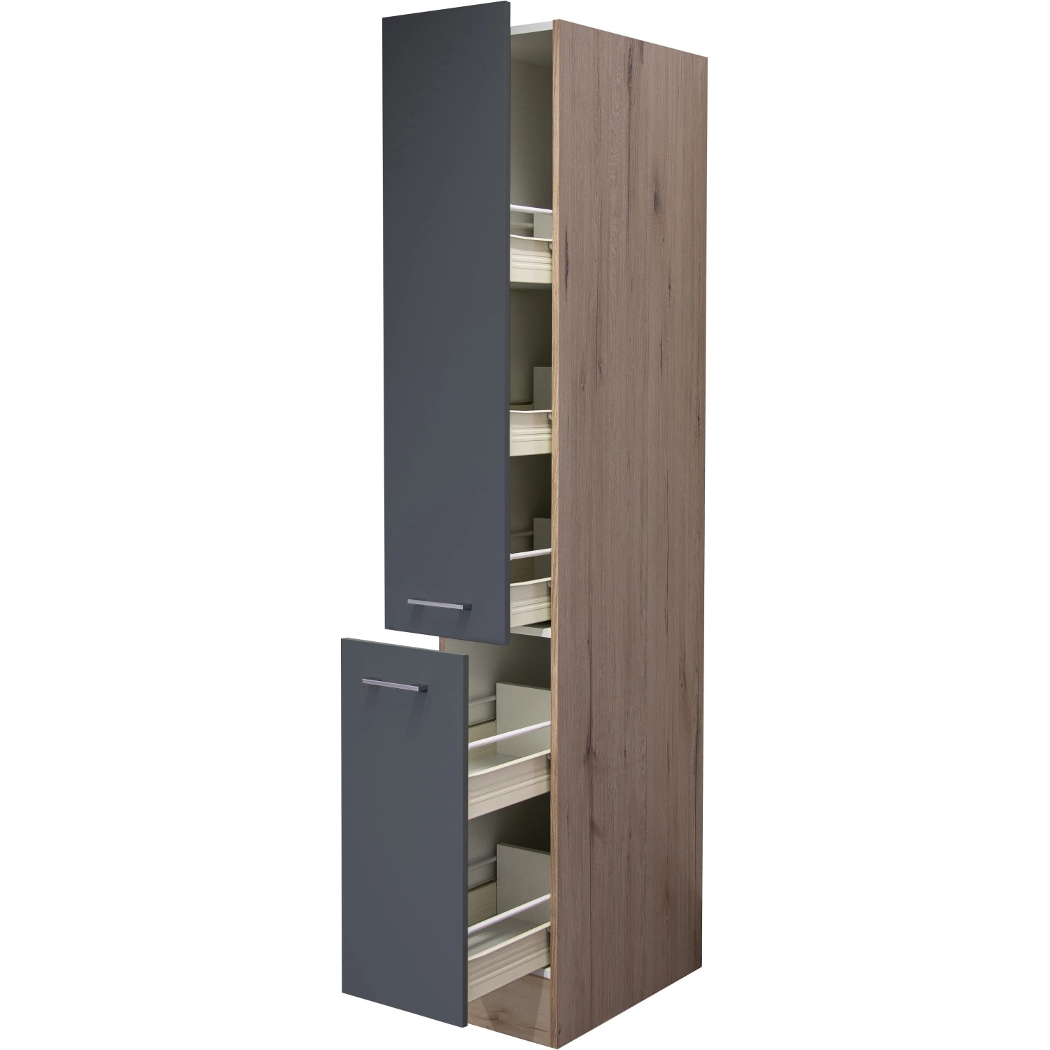 Flex-Well Apothekerschrank Morena, 30 cm, Basaltgrau/San Remo Eiche, mit Auszügen und Ablagen.