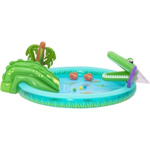 Bestway Wasserspielcenter Krokodil mit Rutsche, Sprinkler und Spielzeug für Kinder.