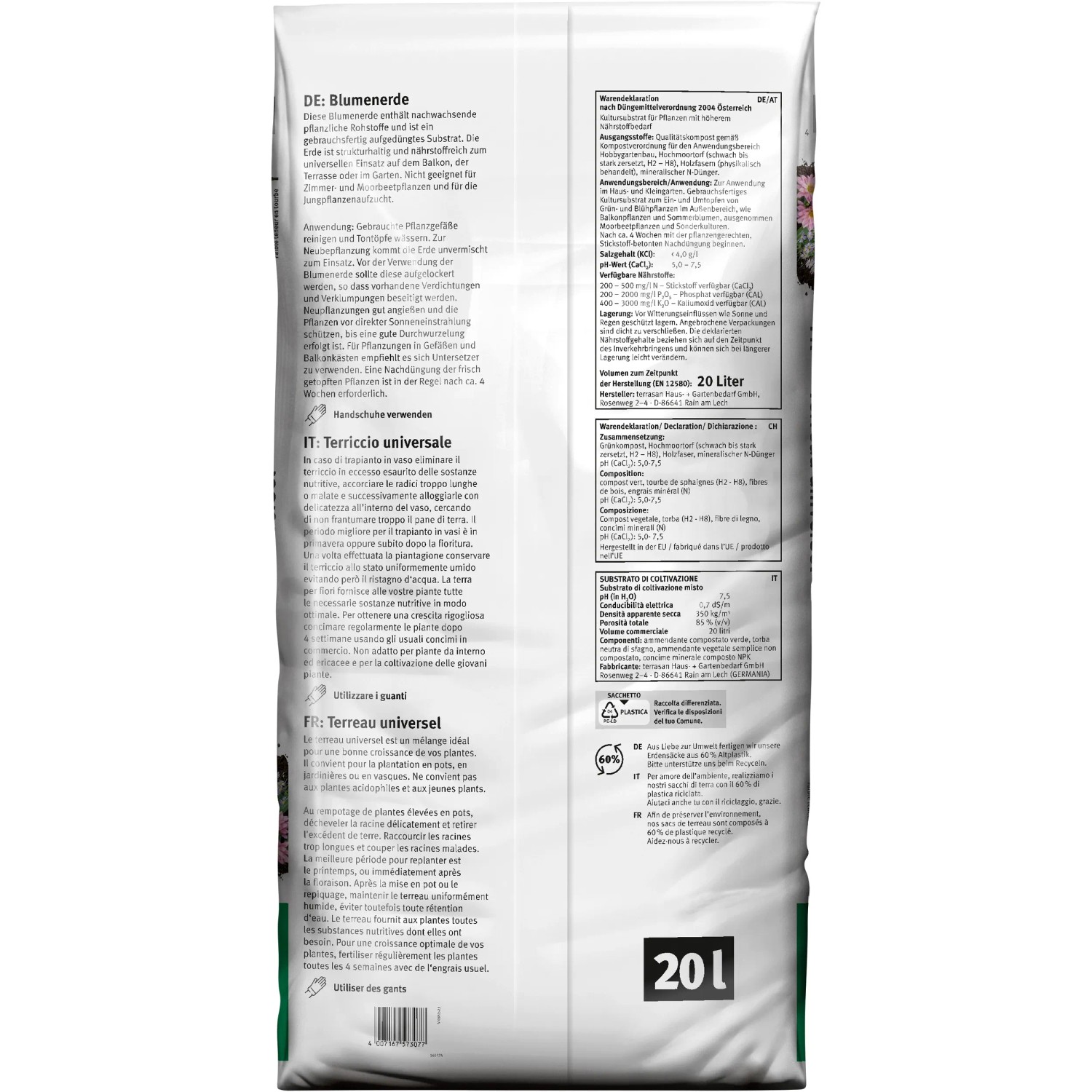 Sack Blumenerde, 20 Liter Universalerde für Zimmer-, Balkon- und Gartenpflanzen.