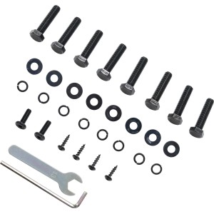 Montage-Set für Gartentisch Harris, 32-teilig: Schrauben, Muttern, Unterlegscheiben und Werkzeug.