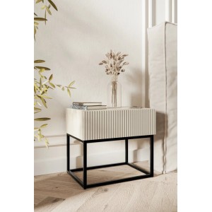 Selsey Veldio Nachttisch, greige Rillenfront, schwarzes Metallgestell, 50 cm breit. Modernes Schlafzimmermöbel mit Schublade.