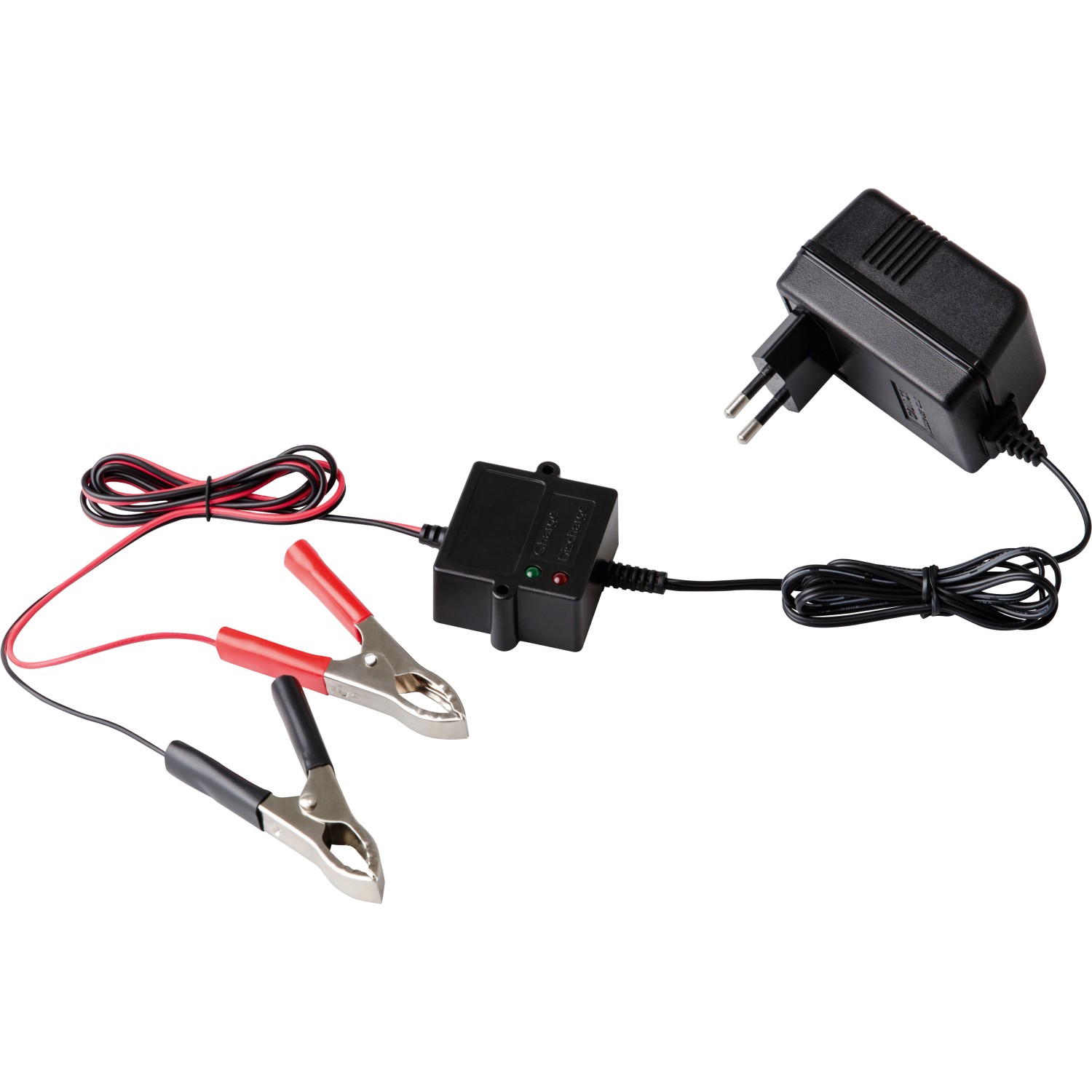 CMI Batterie-Erhaltungsladegerät mit Klemmen, Netzteil und Kontrollleuchten.