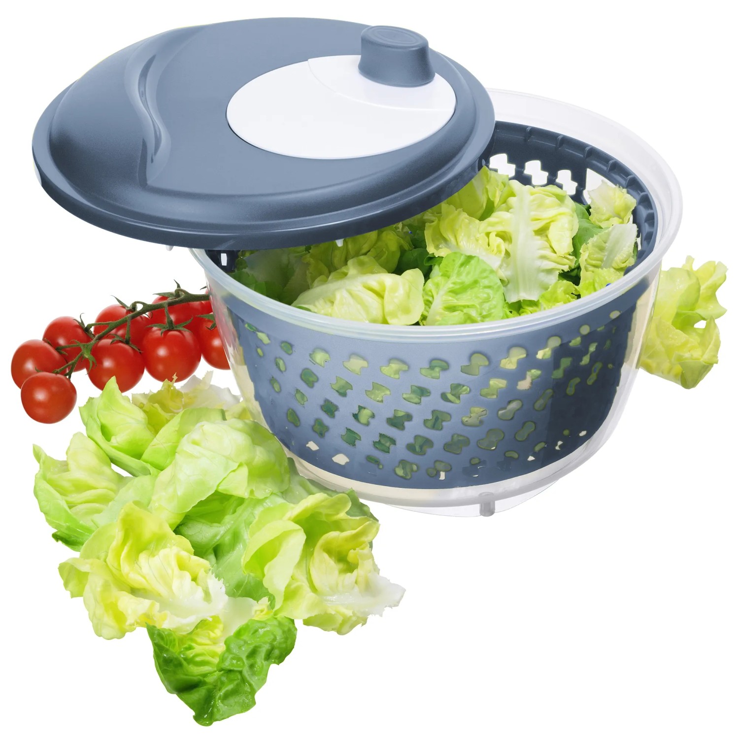 Rotho Salatschleuder Fresh in Horizontblau mit Salat und Tomaten.