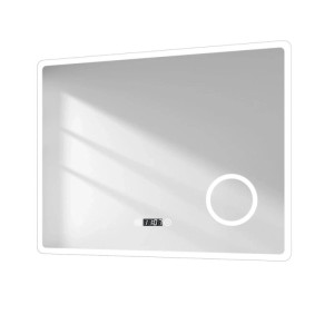 Emke Badspiegel 90x70 cm mit LED-Randbeleuchtung, digitaler Uhr/Temperatur und 3-fach Vergrößerung.