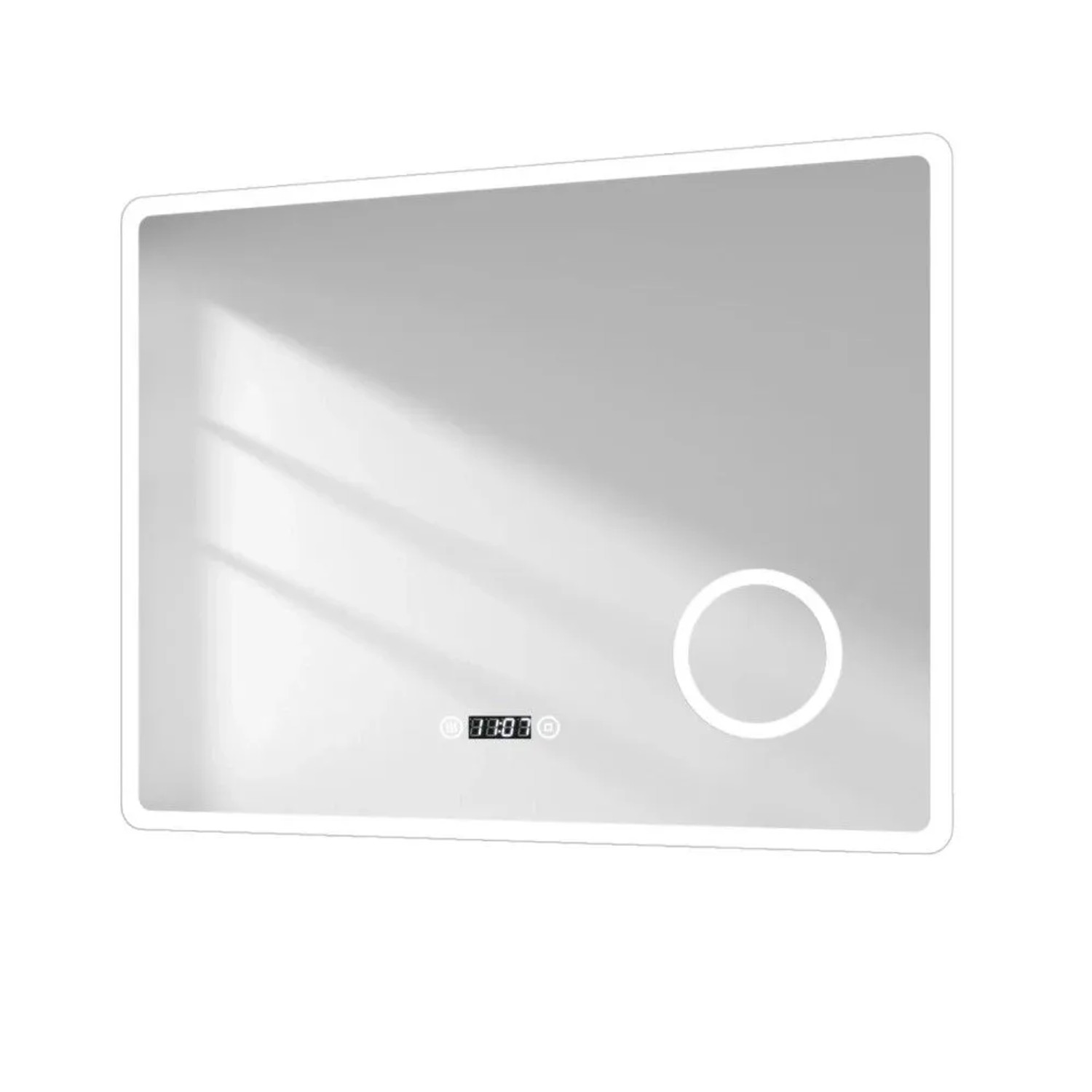 Emke Badspiegel 90x70 cm mit LED-Randbeleuchtung, digitaler Uhr/Temperatur und 3-fach Vergrößerung.