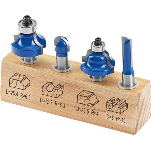 LUX HM Oberfräser-Set, 4-teilig, für Holzbearbeitung. Verschiedene Fräserformen in Holzhalterung.