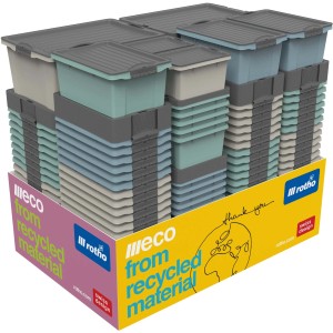 Rotho Stapelbox Compact A3 70L Cappuccino, aus recyceltem Kunststoff, mit Rollen, gestapelt.