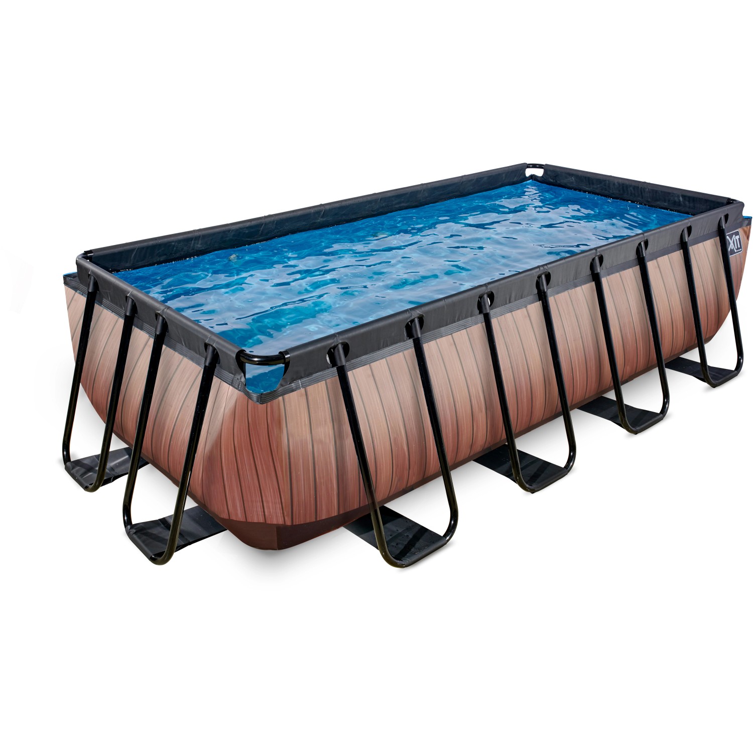 Rechteckiger EXIT Wood Pool in Braun mit Stahlrahmen und Filterpumpe, gefüllt mit Wasser.