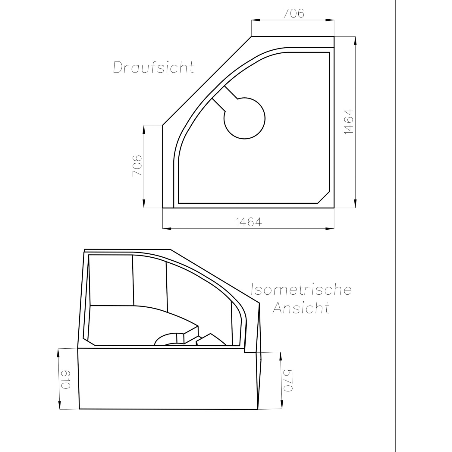 Technische Zeichnung Ottofond Wannenträger Lima 140 cm mit Maßangaben für Montage.