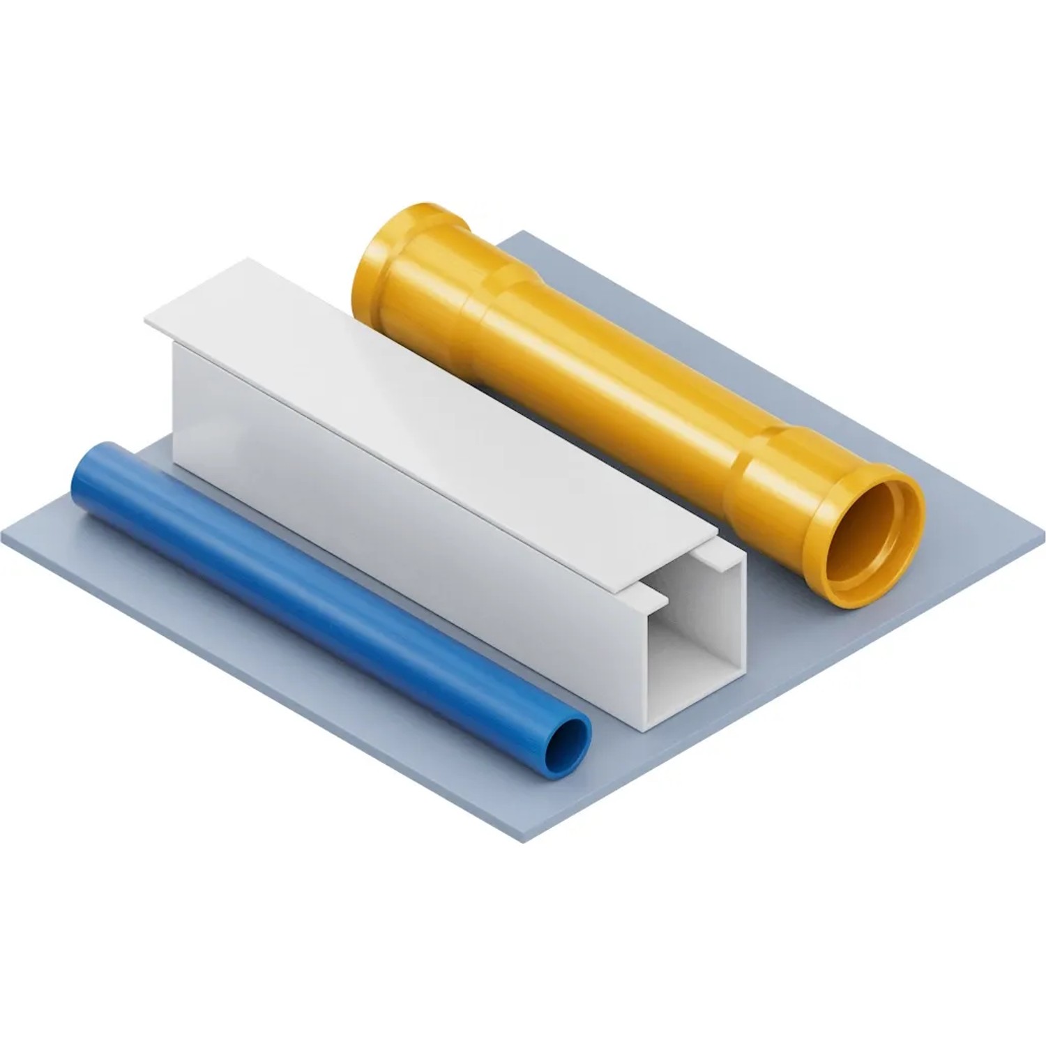 Verschiedene Rohre und Profile in Blau, Weiß und Gelb auf grauer Fläche.
